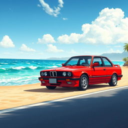 An anime movie style illustration of a bright red 1989 BMW E30 parked elegantly on the side of a picturesque road, with a beautiful beach in the backdrop