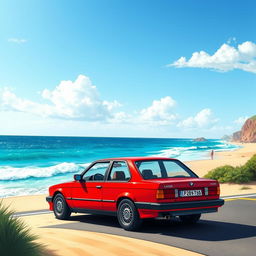 An anime movie style illustration of a bright red 1989 BMW E30 parked elegantly on the side of a picturesque road, with a beautiful beach in the backdrop