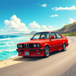 An anime movie style illustration of a bright red 1989 BMW E30 parked elegantly on the side of a picturesque road, with a beautiful beach in the backdrop