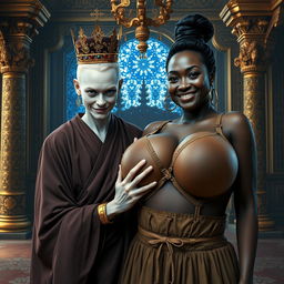 In an ornate palace inspired by Norse mythology, a very short and emaciated 20-year-old blonde woman with extremely fair skin and striking blue eyes is portrayed