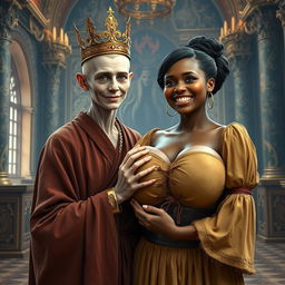 In an ornate palace inspired by Norse mythology, a very short and emaciated 20-year-old blonde woman with extremely fair skin and striking blue eyes is portrayed