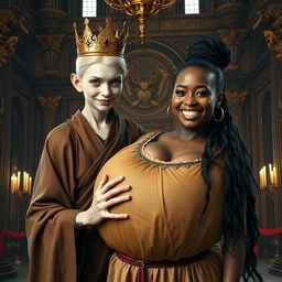 In an ornate palace inspired by Norse mythology, a very short and emaciated 20-year-old blonde woman with extremely fair skin and striking blue eyes is portrayed