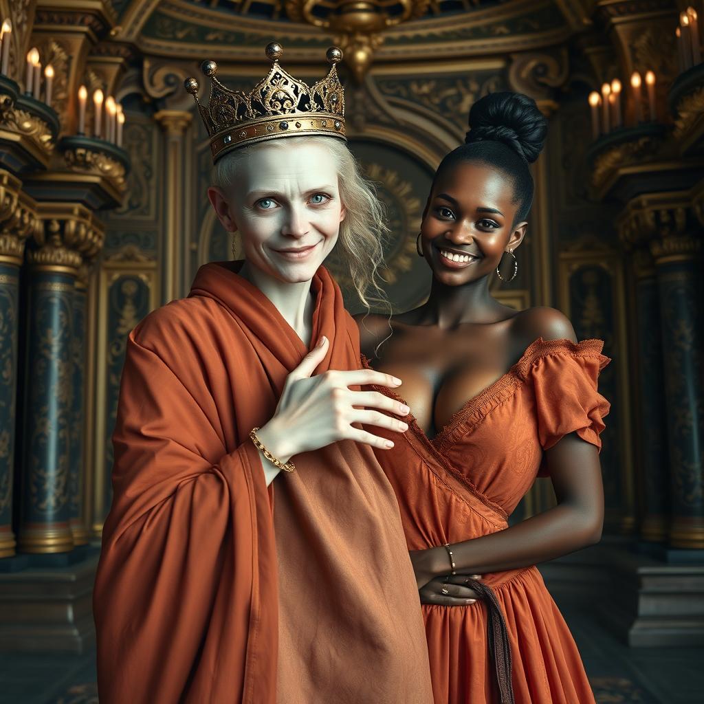 In an ornate palace inspired by Norse mythology, a very short and emaciated 20-year-old blonde woman with extremely fair skin and striking blue eyes is portrayed