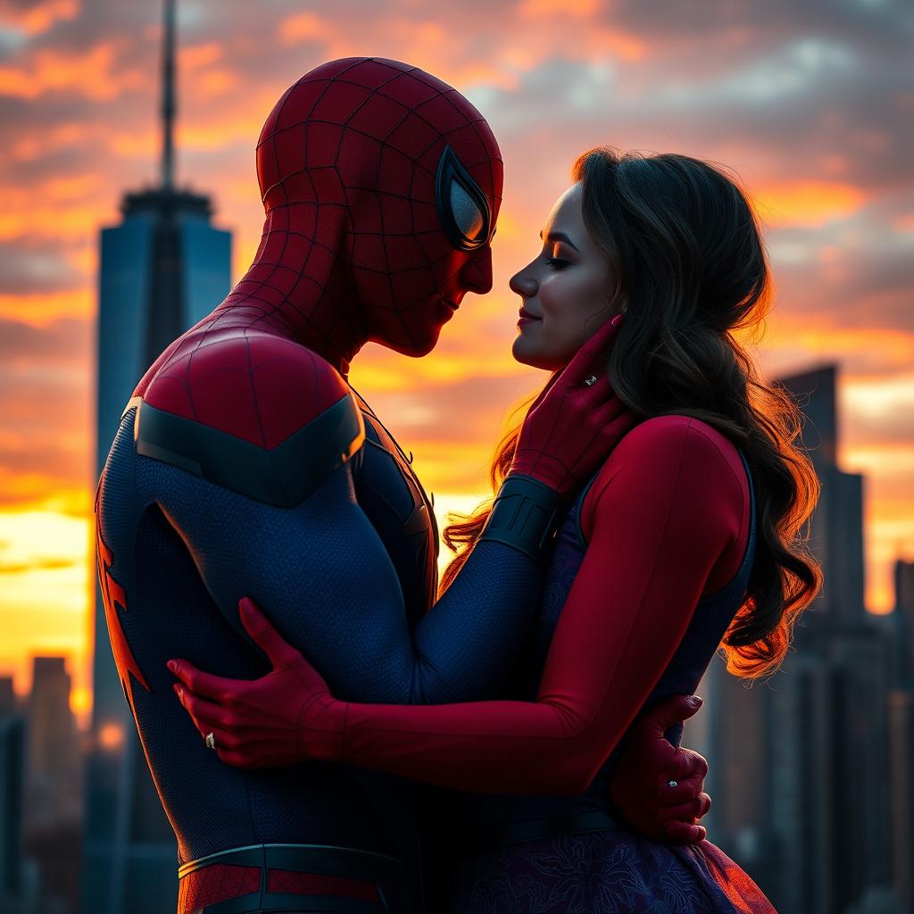 Spider-Man tenderly embracing his wife in an intimate and romantic scene, set against a vibrant city skyline at sunset