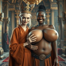 In an opulent palace inspired by Norse mythology, a very short and emaciated 20-year-old blonde woman with extremely fair skin and striking blue eyes captivates attention