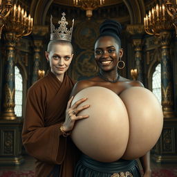 In an opulent palace inspired by Norse mythology, a very short and emaciated 20-year-old blonde woman with extremely fair skin and striking blue eyes captivates attention