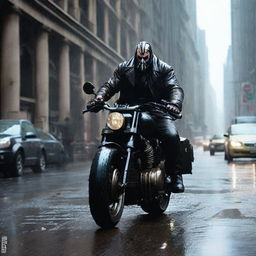 An intense scene featuring Bane from the Dark Knight Rises, dressed in his signature outfit, riding a powerful, black motorcycle down a rain-soaked, city street.