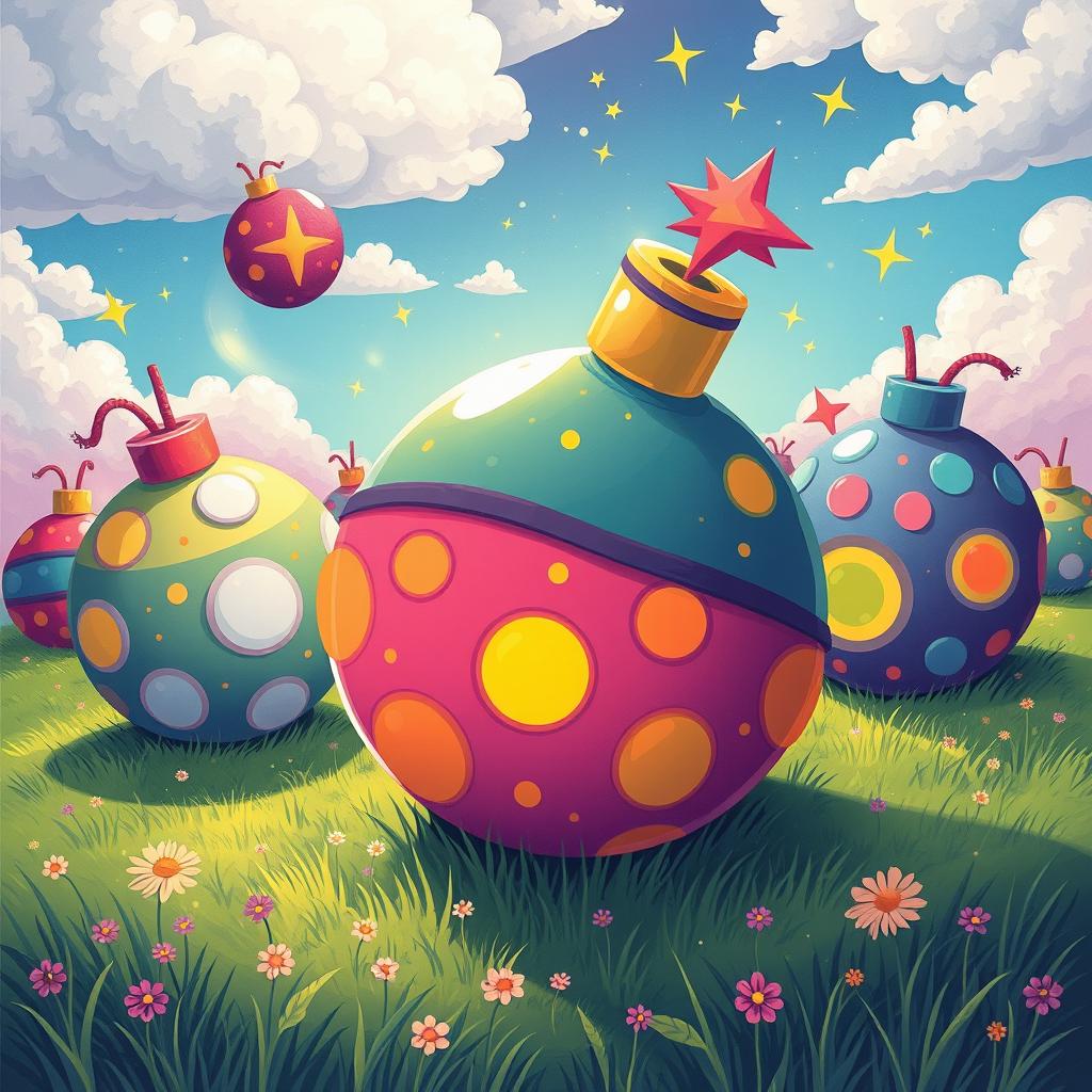 A whimsical and colorful illustration featuring a vibrant fantasy landscape filled with enormous, fantastical bombs designed in playful and cartoonish styles
