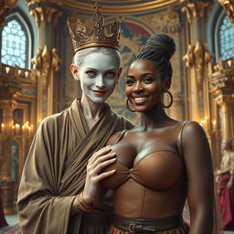 In a lavish palace reflecting the grandeur of Norse mythology, a very short and emaciated 20-year-old blonde woman with pale skin and striking blue eyes captures attention