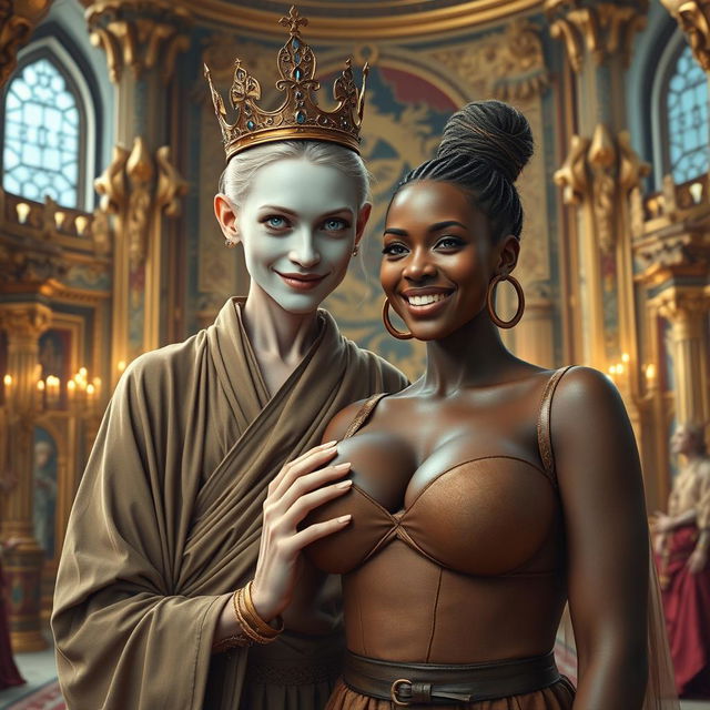 In a lavish palace reflecting the grandeur of Norse mythology, a very short and emaciated 20-year-old blonde woman with pale skin and striking blue eyes captures attention