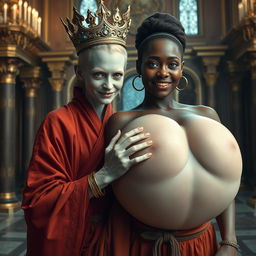 In a lavish palace reflecting the grandeur of Norse mythology, a very short and emaciated 20-year-old blonde woman with pale skin and striking blue eyes captures attention