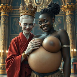 In a lavish palace reflecting the grandeur of Norse mythology, a very short and emaciated 20-year-old blonde woman with pale skin and striking blue eyes captures attention