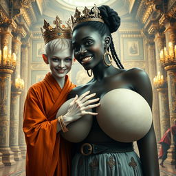 In a lavish palace reflecting the grandeur of Norse mythology, a very short and emaciated 20-year-old blonde woman with pale skin and striking blue eyes captures attention