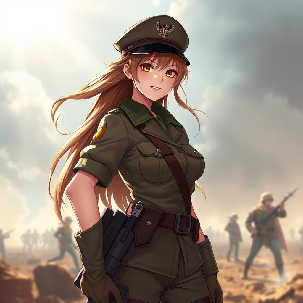 A beautiful soldier girl standing confidently in her military uniform, showcasing a fierce yet enchanting demeanor