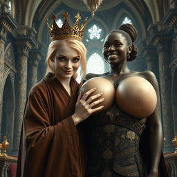 In an extravagant palace reminiscent of Norse mythology, a very short and emaciated 20-year-old blonde woman with striking blue eyes is depicted