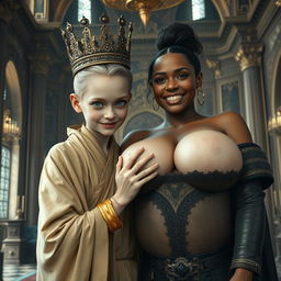 In an extravagant palace reminiscent of Norse mythology, a very short and emaciated 20-year-old blonde woman with striking blue eyes is depicted