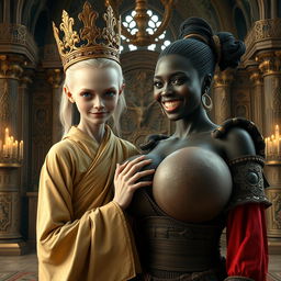 In an extravagant palace reminiscent of Norse mythology, a very short and emaciated 20-year-old blonde woman with striking blue eyes is depicted