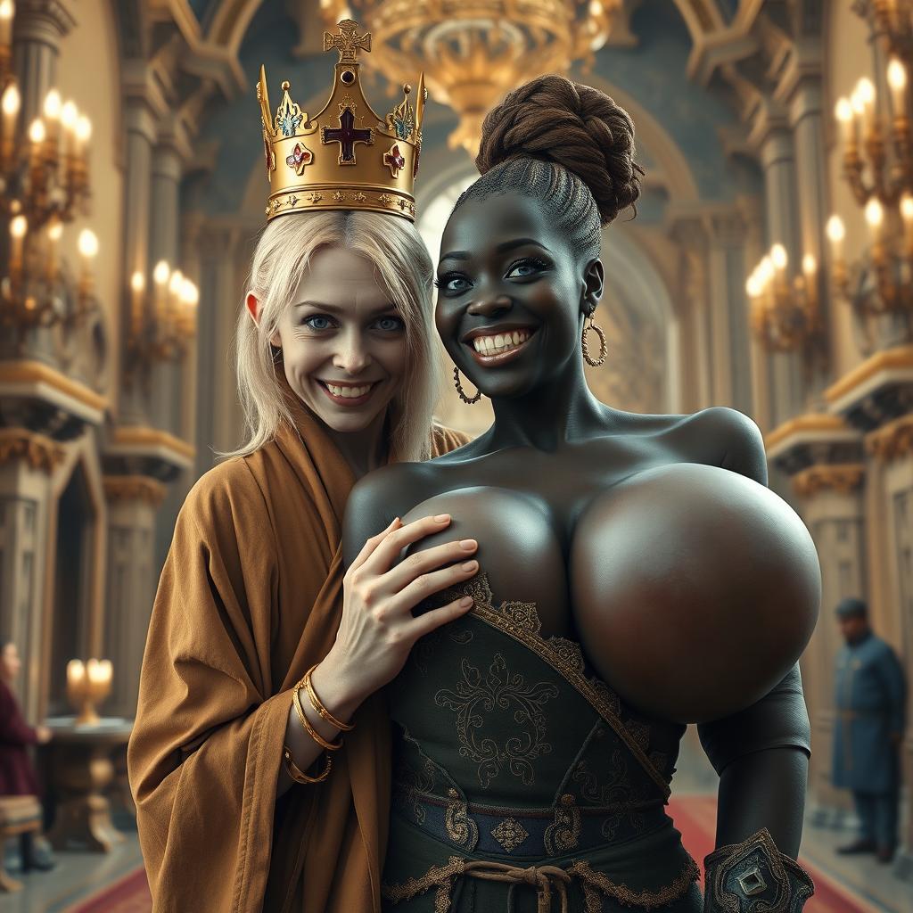 In an extravagant palace reminiscent of Norse mythology, a very short and emaciated 20-year-old blonde woman with striking blue eyes is depicted