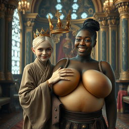 In an opulent room of a Norse mythology palace, a very short and emaciated 19-year-old blonde woman with striking blue eyes catches the eye