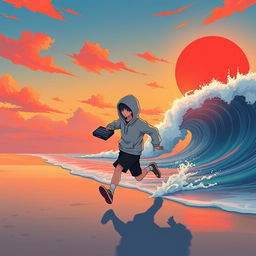 A lo-fi anime style illustration of a human-like teenage boy figure with his head fully covered by a hoodie, depicted in a dynamic running motion along a beach shore
