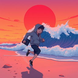 A lo-fi anime style illustration of a human-like teenage boy figure with his head fully covered by a hoodie, depicted in a dynamic running motion along a beach shore
