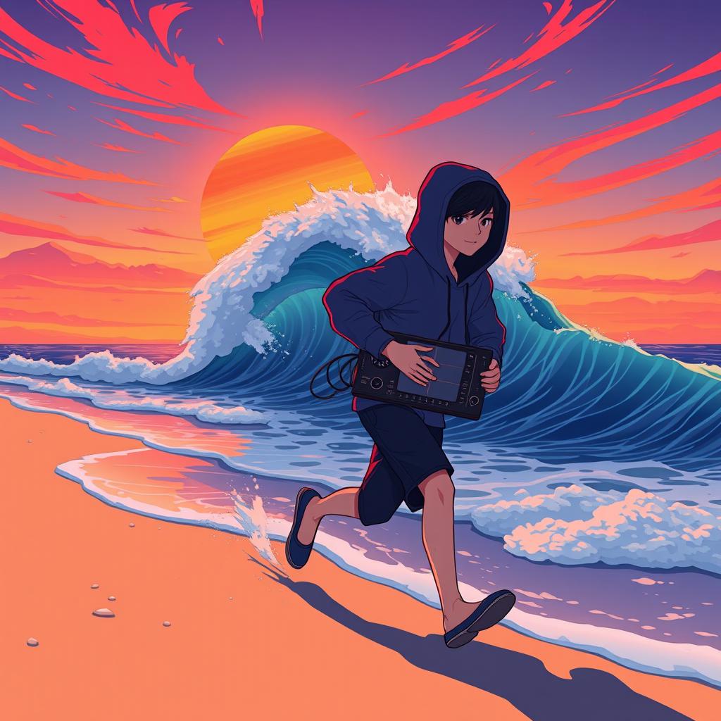 A lo-fi anime style illustration of a human-like teenage boy figure with his head fully covered by a hoodie, depicted in a dynamic running motion along a beach shore