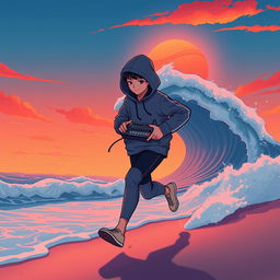 A lo-fi anime style illustration of a human-like teenage boy figure with his head fully covered by a hoodie, depicted in a dynamic running motion along a beach shore