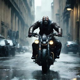 An intense scene featuring Bane from the Dark Knight Rises, dressed in his signature outfit, riding a powerful, black motorcycle down a rain-soaked, city street.