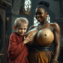 In a room of Norse mythology palace, a young blonde woman, dwarf-like and malnourished, 19 years old with blue eyes, dressed in a long, fully closed Buddhist robe, with a very emaciated body and a wicked smile, adorned with a golden bracelet and a large king's crown on her head