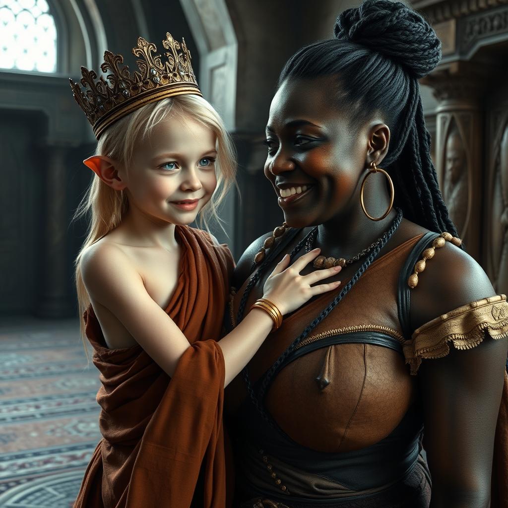 In a room of Norse mythology palace, a young blonde woman, dwarf-like and malnourished, 19 years old with blue eyes, dressed in a long, fully closed Buddhist robe, with a very emaciated body and a wicked smile, adorned with a golden bracelet and a large king's crown on her head