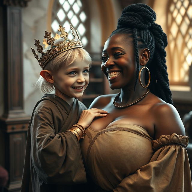 In a room of Norse mythology palace, a young blonde woman, dwarf-like and malnourished, 19 years old with blue eyes, dressed in a long, fully closed Buddhist robe, with a very emaciated body and a wicked smile, adorned with a golden bracelet and a large king's crown on her head