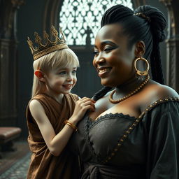 In a room of Norse mythology palace, a young blonde woman, dwarf-like and malnourished, 19 years old with blue eyes, dressed in a long, fully closed Buddhist robe, with a very emaciated body and a wicked smile, adorned with a golden bracelet and a large king's crown on her head