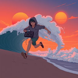 A lo-fi anime style illustration depicting a human-like teenage boy figure with his head completely covered by a hoodie, dynamically running along a beach shore