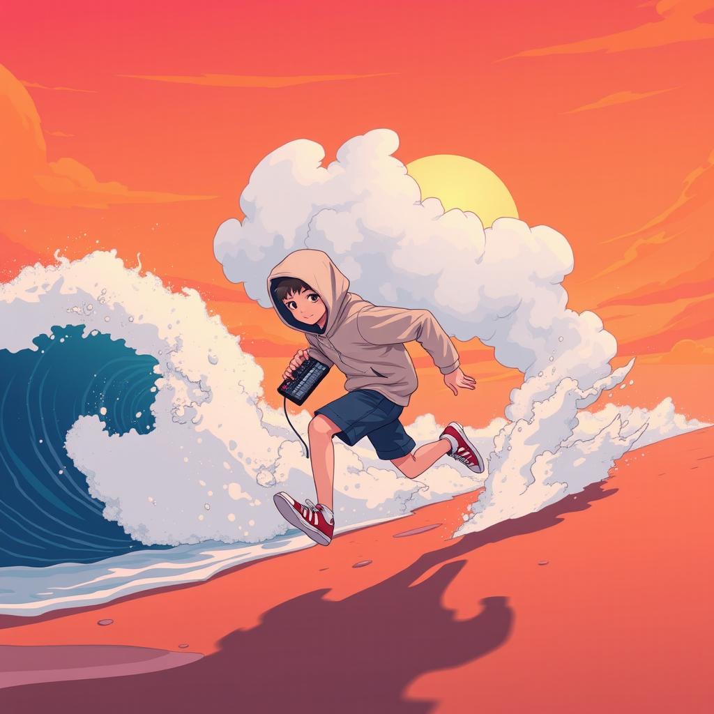 A lo-fi anime style illustration depicting a human-like teenage boy figure with his head completely covered by a hoodie, dynamically running along a beach shore