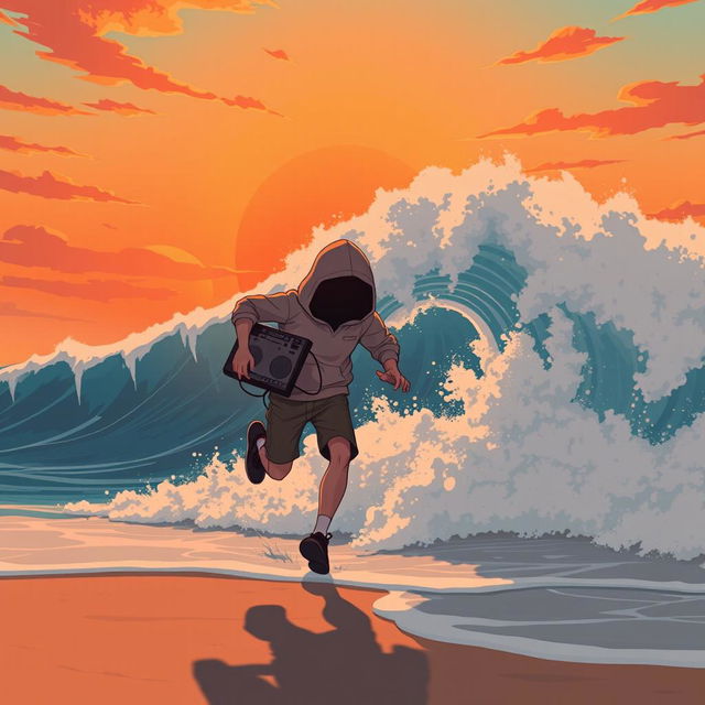 A lo-fi anime style illustration depicting a human-like teenage boy figure with his head completely covered by a hoodie, dynamically running along a beach shore