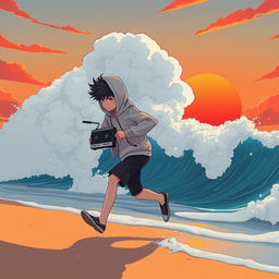 A lo-fi anime style illustration depicting a human-like teenage boy figure with his head completely covered by a hoodie, dynamically running along a beach shore