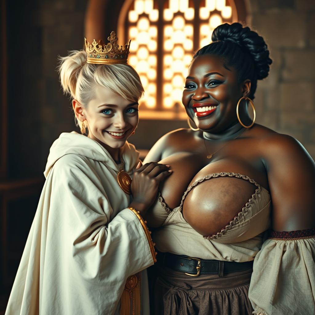 In a sunlit medieval bordello room, the scene features two distinct characters