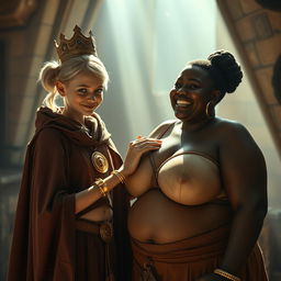 In a sunlit medieval bordello room, the scene features two distinct characters