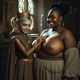 In a sunlit medieval bordello room, the scene features two distinct characters