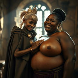 In a sunlit medieval bordello room, the scene features two distinct characters