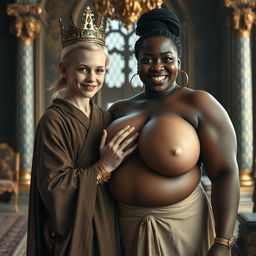 In a grand Nordic palace room, a captivating scene unfolds featuring two distinctive characters