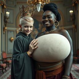 In a grand Nordic palace room, a captivating scene unfolds featuring two distinctive characters