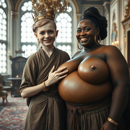 In a grand Nordic palace room, a captivating scene unfolds featuring two distinctive characters