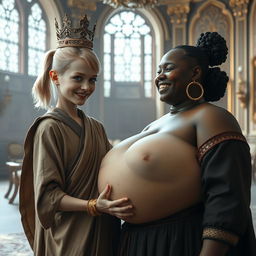 In a grand Nordic palace room, a vivid scene unfolds featuring two distinct characters