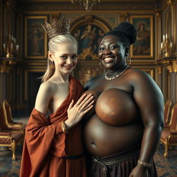 In a grand Nordic palace room, a vivid scene unfolds featuring two distinct characters