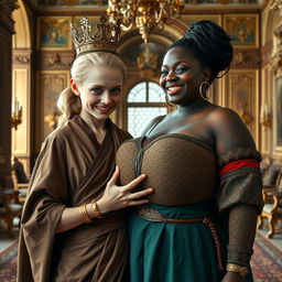 In a grand Nordic palace room, a vivid scene unfolds featuring two distinct characters