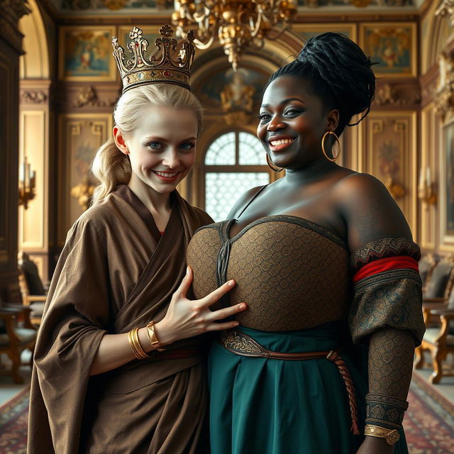 In a grand Nordic palace room, a vivid scene unfolds featuring two distinct characters