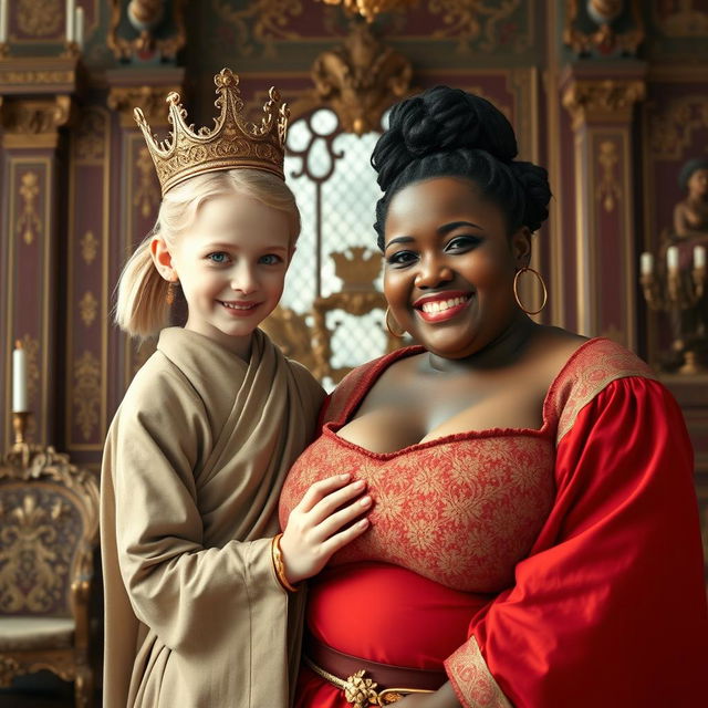 In an ornate Nordic palace room, a vibrant scene features two contrasting characters