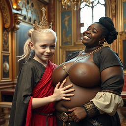 In an ornate Nordic palace room, a vibrant scene features two contrasting characters