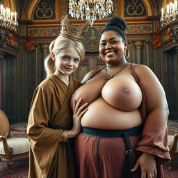 In an ornate Nordic palace room, a vibrant scene features two contrasting characters